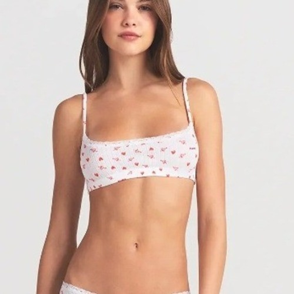 Skims Heart Pointelle Bralette White Red Cotton Blend Stretch Size Medium